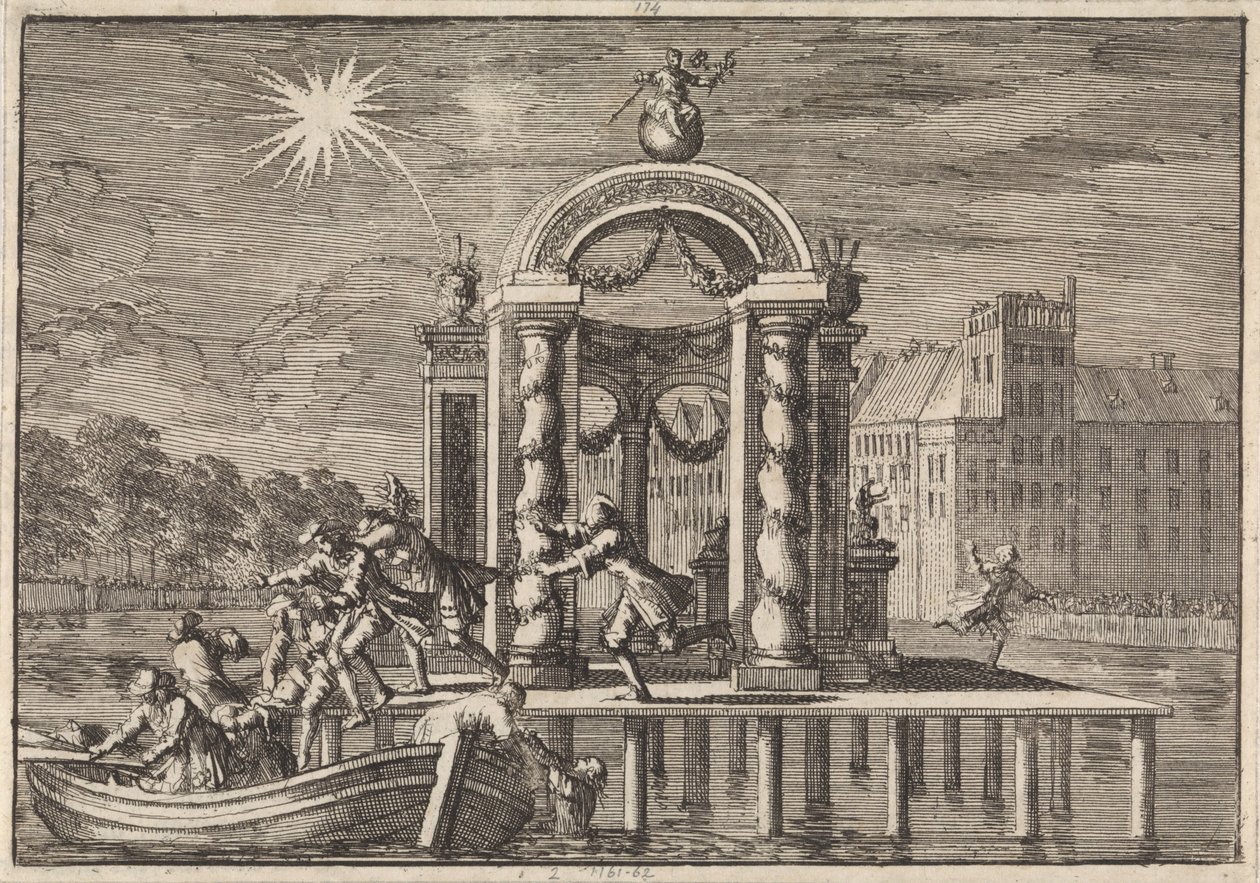 Pyrotechnici prchající u velké dekorace na Vijverberg v Haagu na počest narození syna krále Jakuba II., 1688 od Jan Luyken
