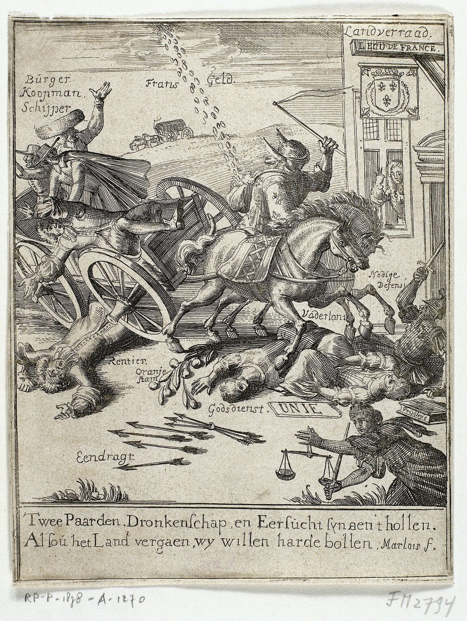 Kreslený film zobrazující údajné francouzské smýšlení Amsterdamu, 1690 od Jan Marlois