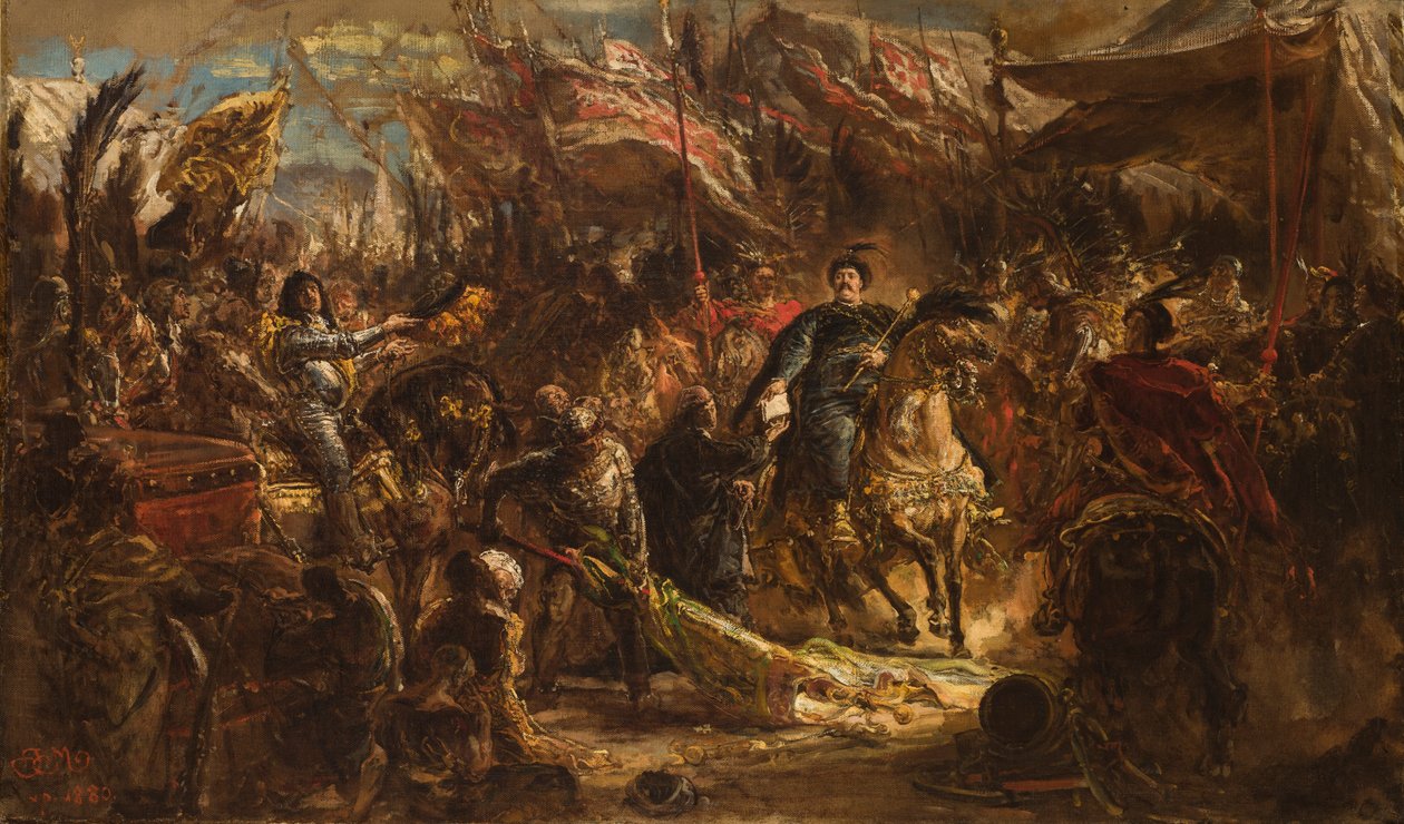 Jan III. Sobieski předává kanovníku Denhoffovi dopis papeži se zprávou o vítězství nad Turky u Vídně roku 1683 od Jan Matejko