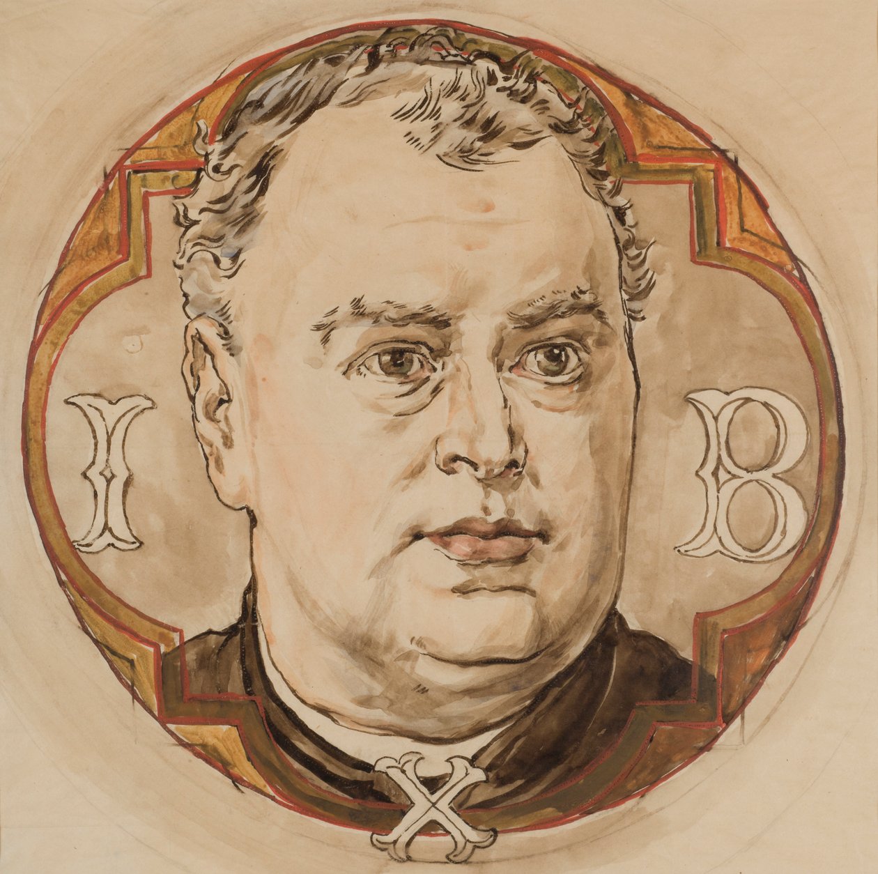 Kartón pro polychromii kostela Panny Marie - mužská hlava a písmena „I, B, X“ (kněz Jan Bukowski) od Jan Matejko