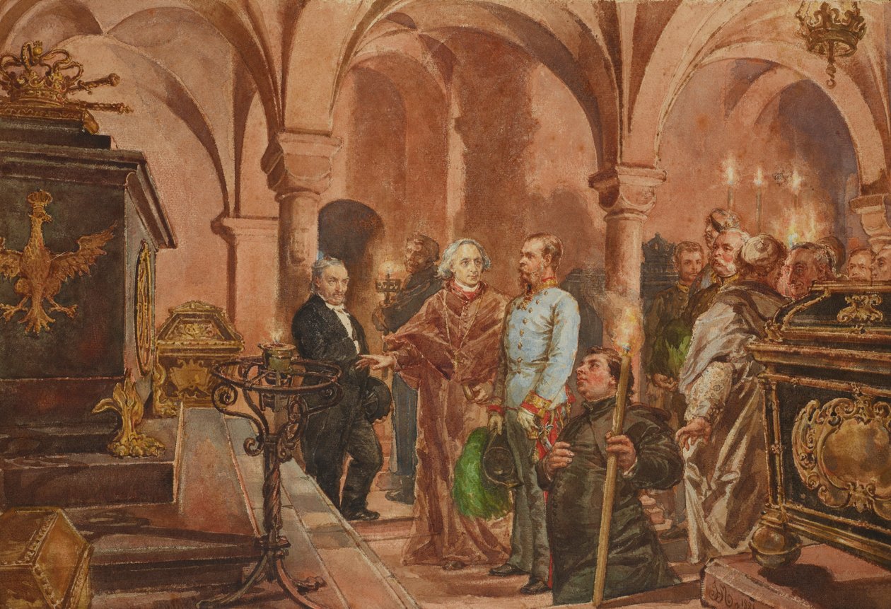 Polsky: císař před sarkofágem krále Jana III Sobieského v kryptě svatého Leonarda ve wawelské katedrále. od Jan Matejko