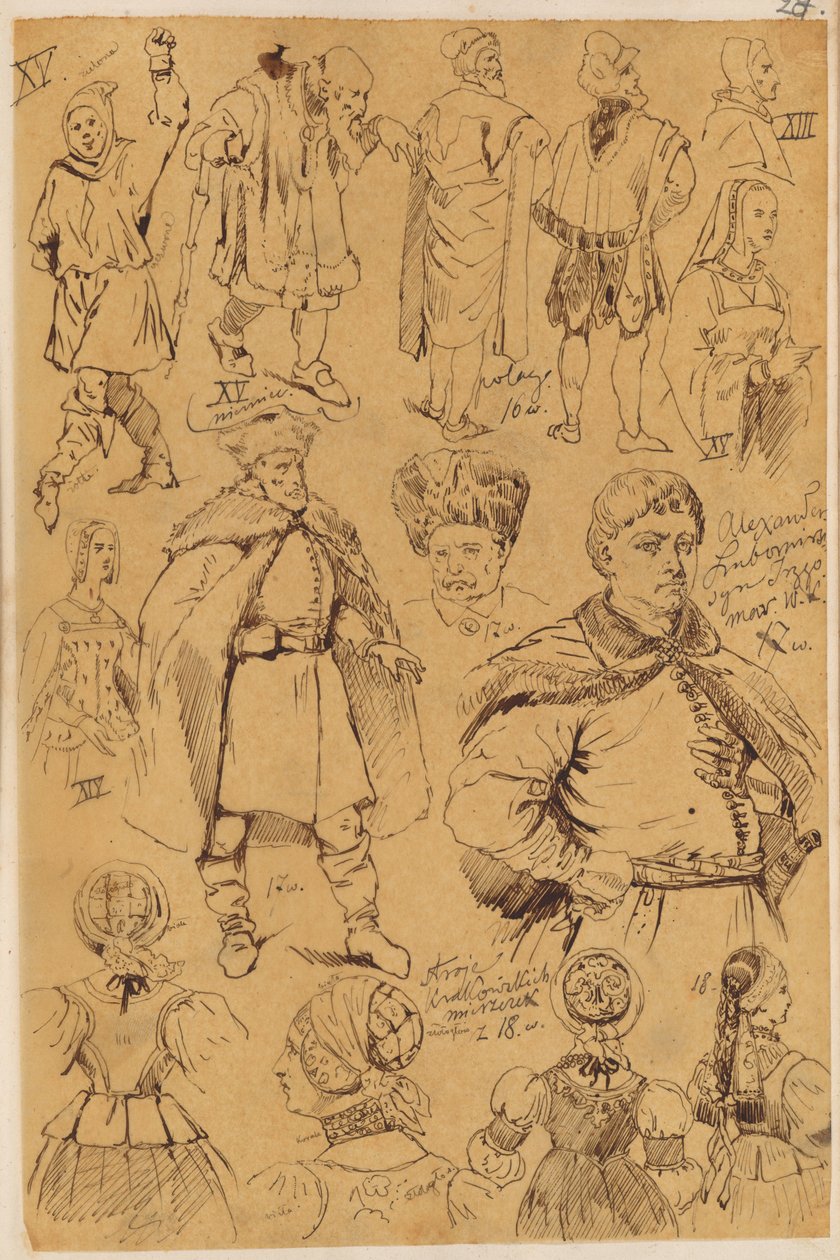 Skarbczyk. Vierzehn Personen: Männer und Frauen in Kostümen aus dem XIII., XV., XVI., XVII. und XVIII. Jahrhundert od Jan Matejko