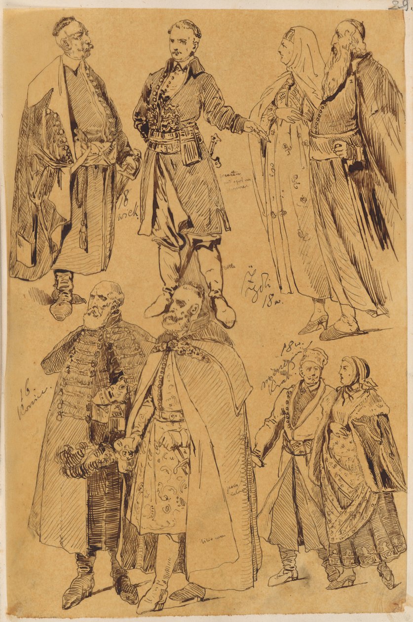 Skarbczyk. Acht Männer und Frauen in Kostümen des 16. und 18. Jahrhunderts od Jan Matejko