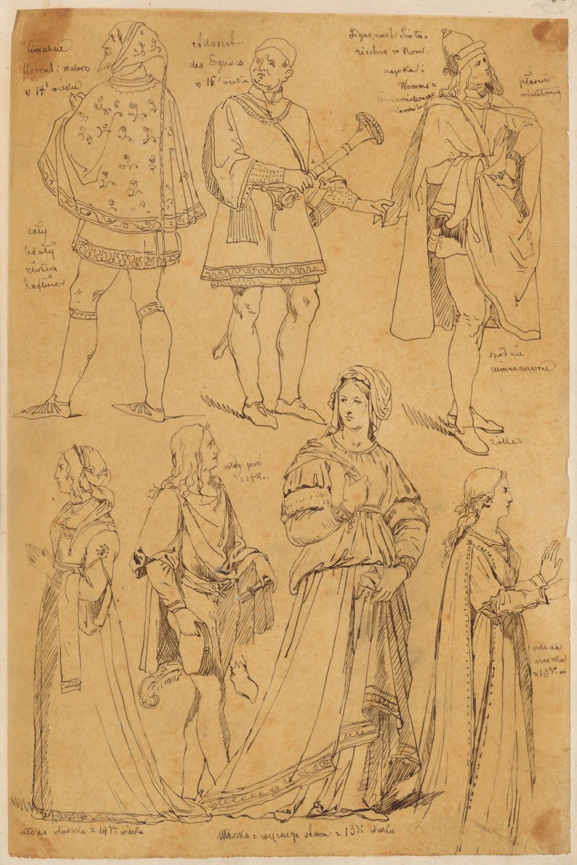 Skarbczyk. Sieben Männer und Frauen in italienischen Gewändern aus dem 13., 14. und 15. Jahrhundert od Jan Matejko