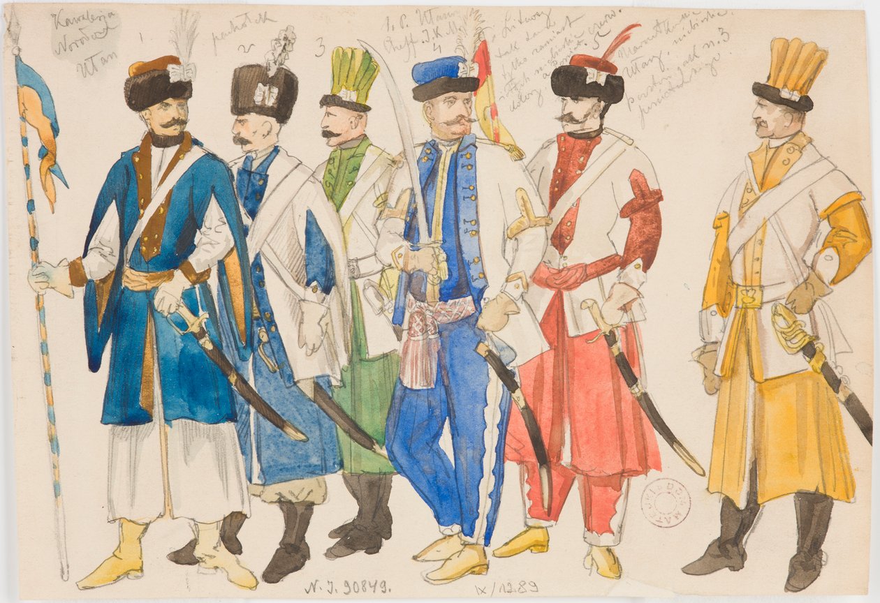 Kostýmní studie – Řada mužských postav ve vojenských uniformách od Jan Matejko