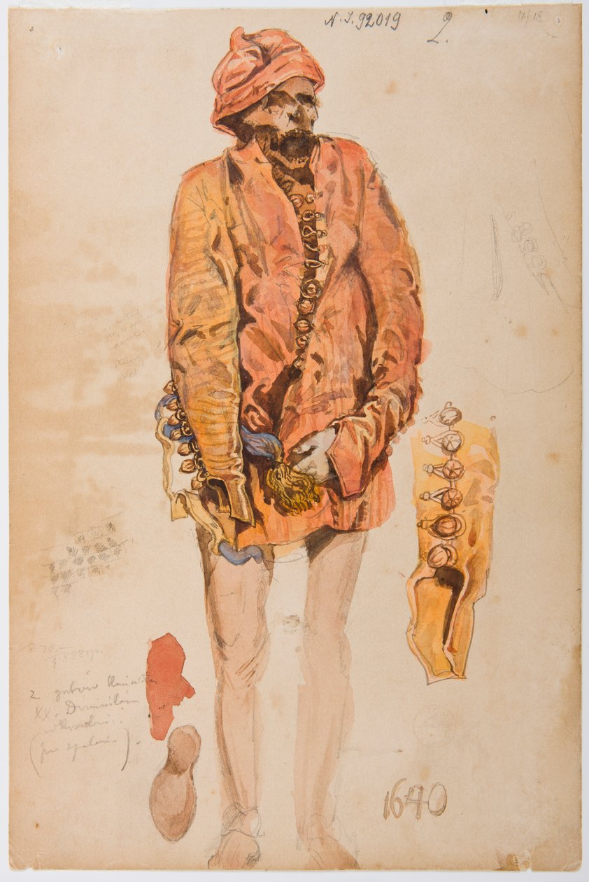 Kostümstudien aus dem 17. Jahrhundert - Leiche eines Mannes in rotem Żupan; Skizzen von Ärmel und Schuh od Jan Matejko
