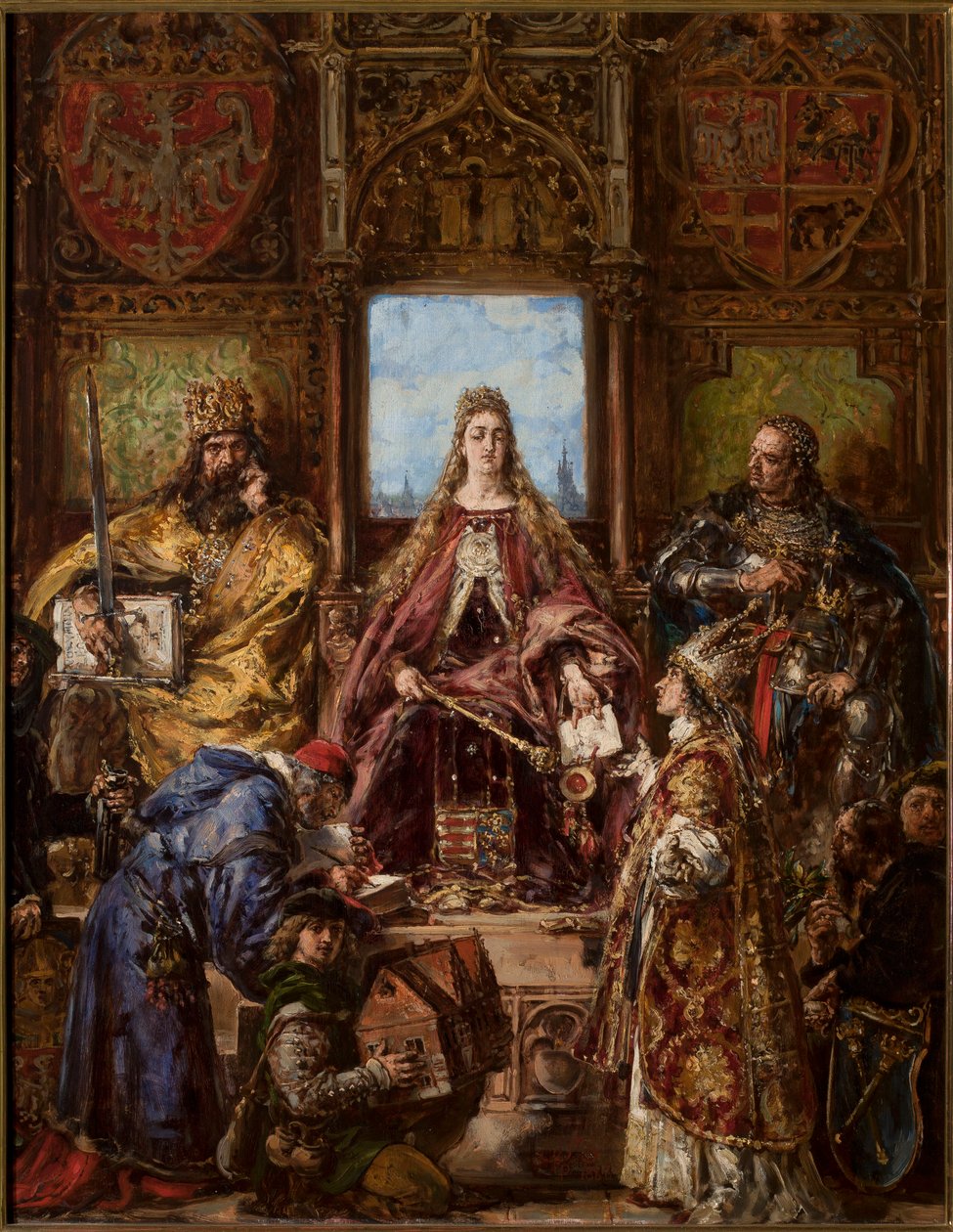 Založení hlavní školy, upevněné jejím přenesením do Krakova. R.P. 1361-1399-1400 od Jan Matejko