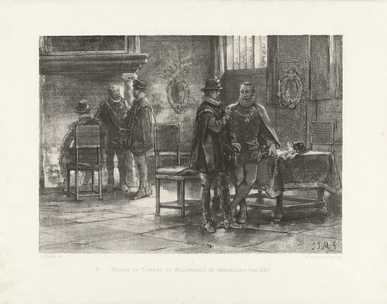 Setkání Orange s Egmondem ve Willebroeku, 1567 Oranje a Egmond ve Willebroeku v travnatém měsíci roku 1567 (název na objektu) od Jan Mesker