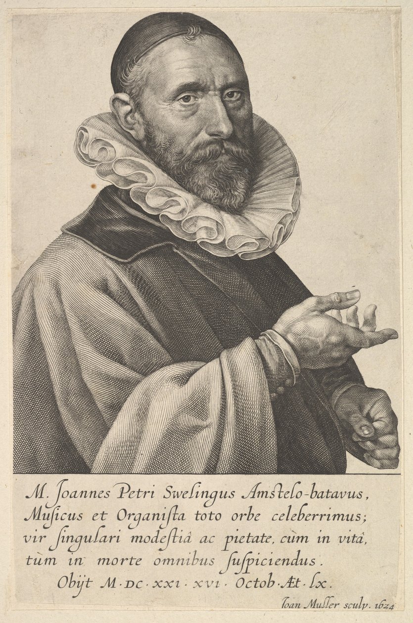 Portrét Jana Pietersze Sweelincka, varhaníka a hudebníka v Amsterdamu, 1624. od Jan Muller