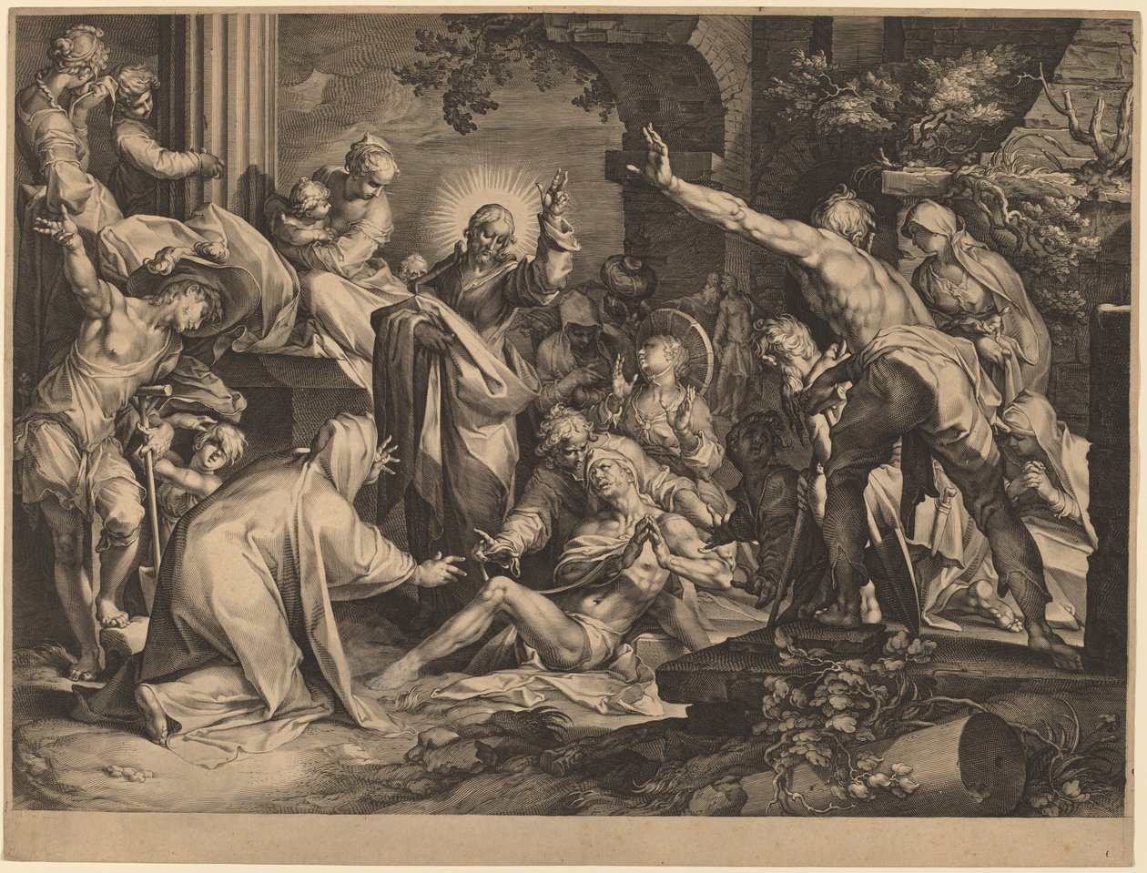 Vzkříšení Lazara od Jan Muller after Abraham Bloemaert