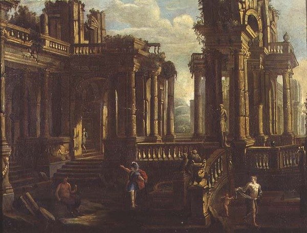 Capriccio klasických ruin s válečníkem, satyrem a Cupidem honícím nymfu od Jan Peeters