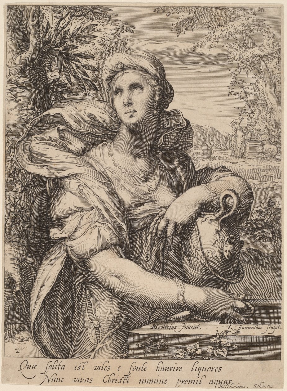 Samaritánská žena u studny od Jan Pietersz Saenredam, after Hendrik Goltzius