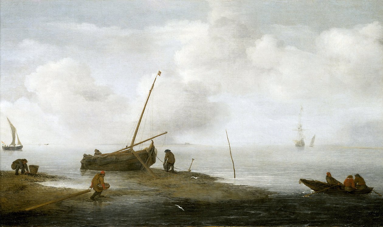 Lov mušlí, rybářská loď na břehu a tři muži, kteří se zabývají sběrem mušlí do košíků. Olej na plátně, 1622, autor Jan Porcellis (1580-1632). od Jan Porcellis