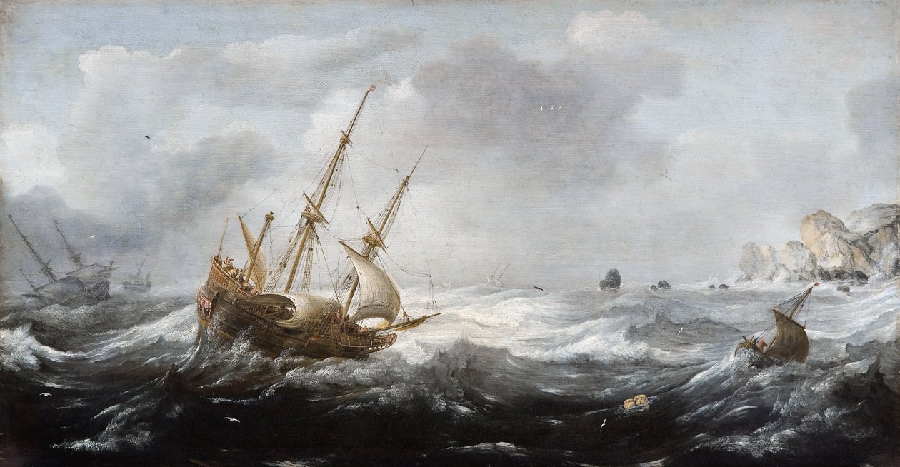 Lodě v bouři na skalnatém pobřeží, 1614-1618 od Jan Porcellis