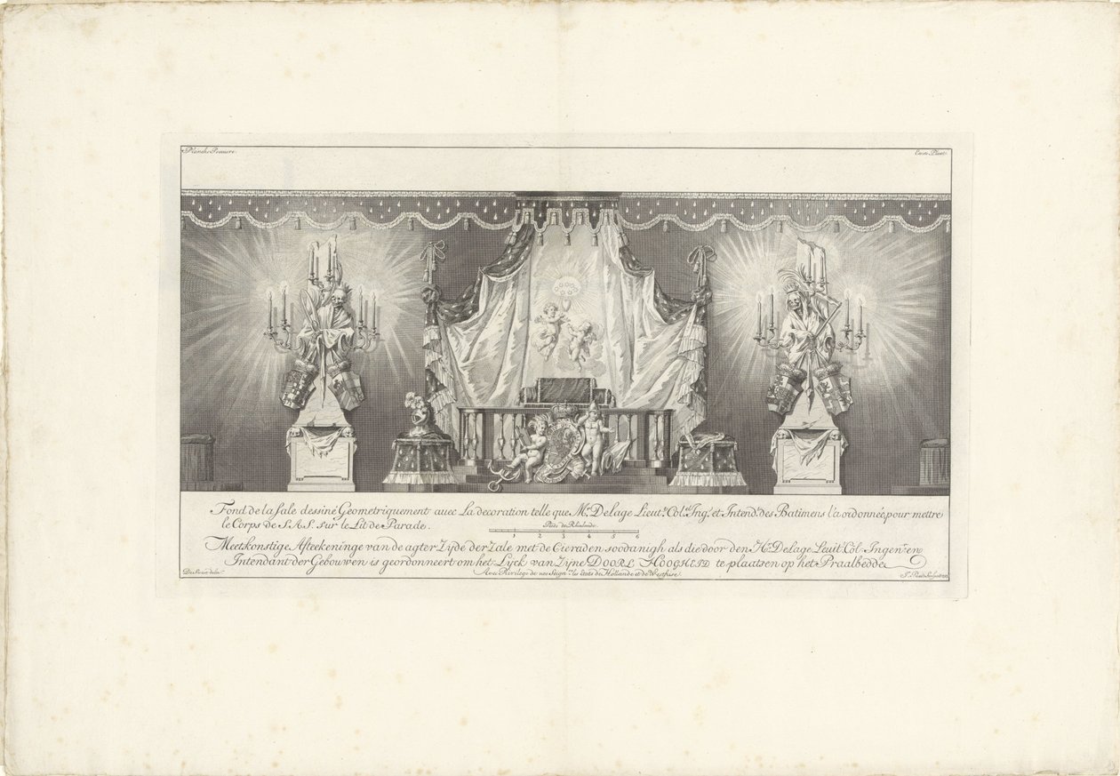 Zadní část místnosti s majestátem prince Viléma IV., 1751 Fond de la sale dessiné Geometriquement (...) / Meetkonstige Afteekeninge of back Zijde der Zale s Cieraden soodanigh jako ty od den Hr. Delage Leuit. Col: Ingen.r a Intendant od Jan Punt