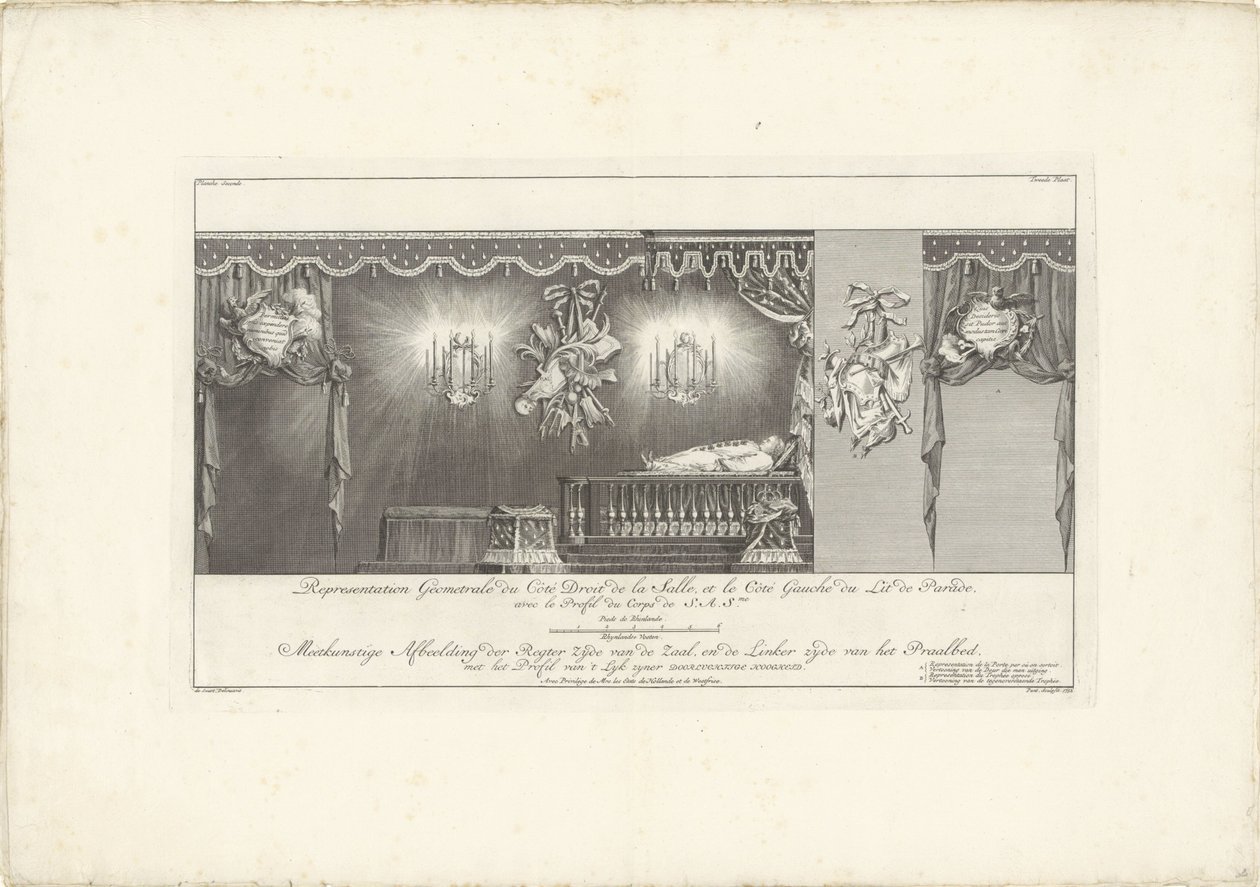Pravá strana sálu s majestátem prince Viléma IV, 1751 Representation Geometrale du Côte Droit (...) / Meetkonstige Obrázek pravé strany haly a levé strany postele Splendor s profilem 