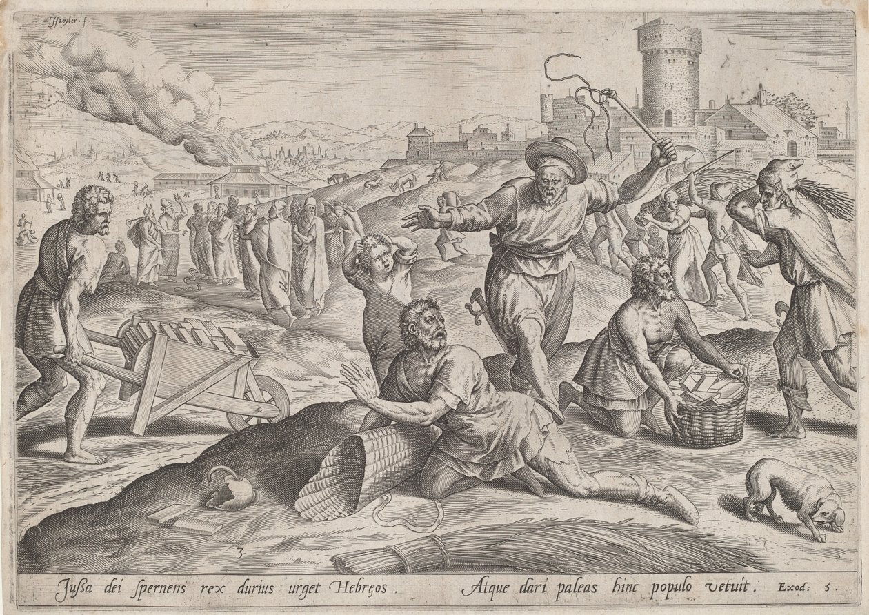 Taskmaster of the Pharaoh bití Izraelitů od Jan Sadeler I, Maarten van Cleef
