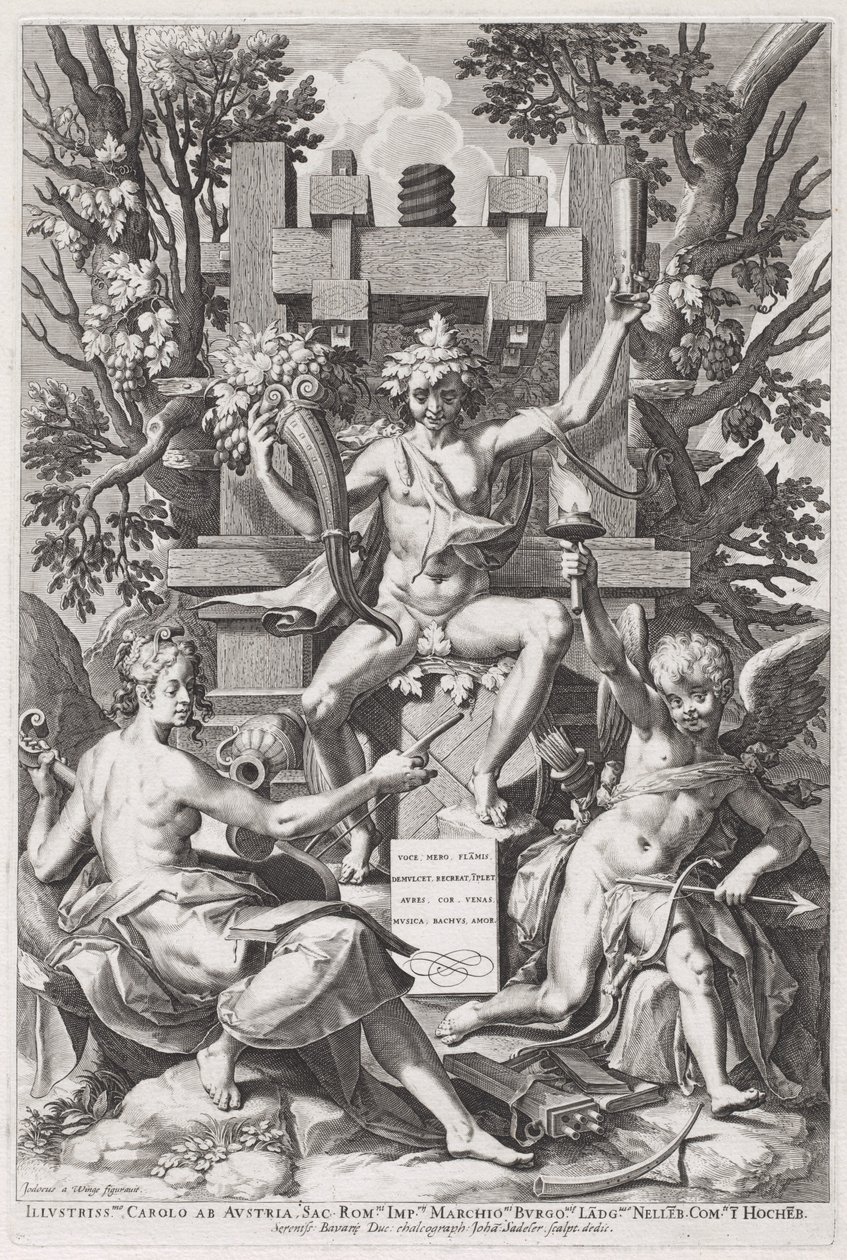 Bacchus sedící na sudu mezi Amorem a hudbou od Jan Sadeler I, after Joos van Winghe