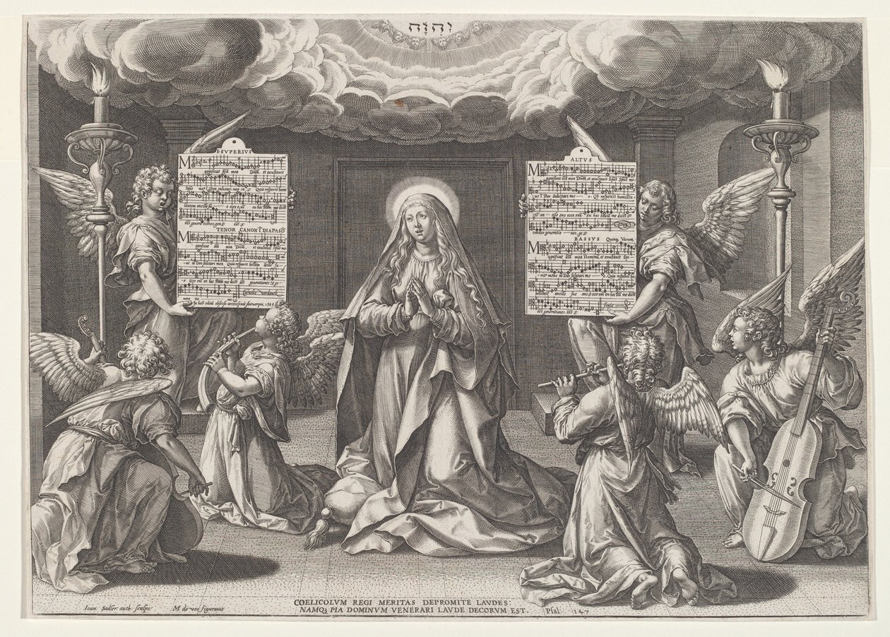 Magnificat: Panna obklopená anděly tvořícími hudbu od Jan Sadeler I, after Maarten de Vos