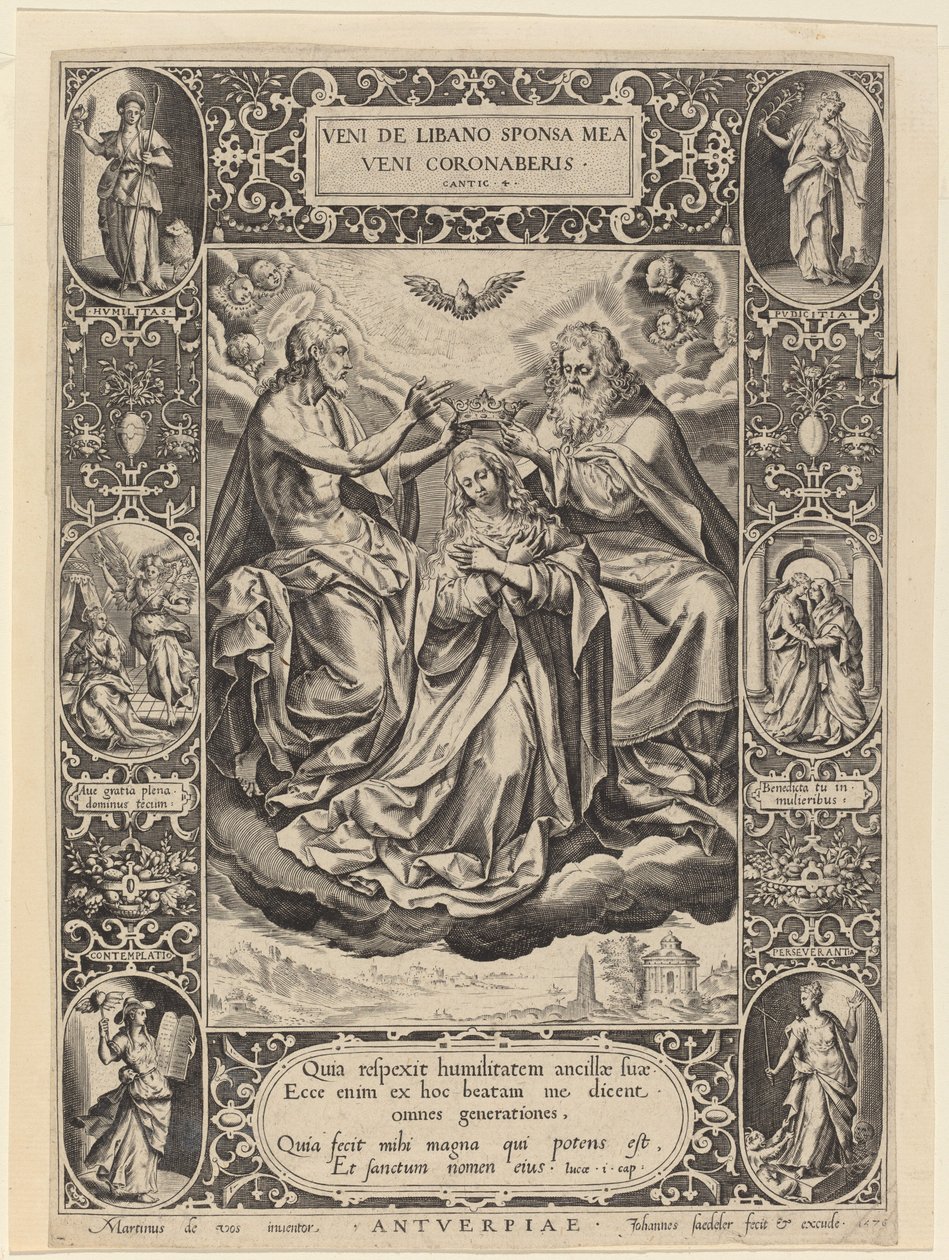 Korunovace Panny Marie od Jan Sadeler I after Maarten de Vos