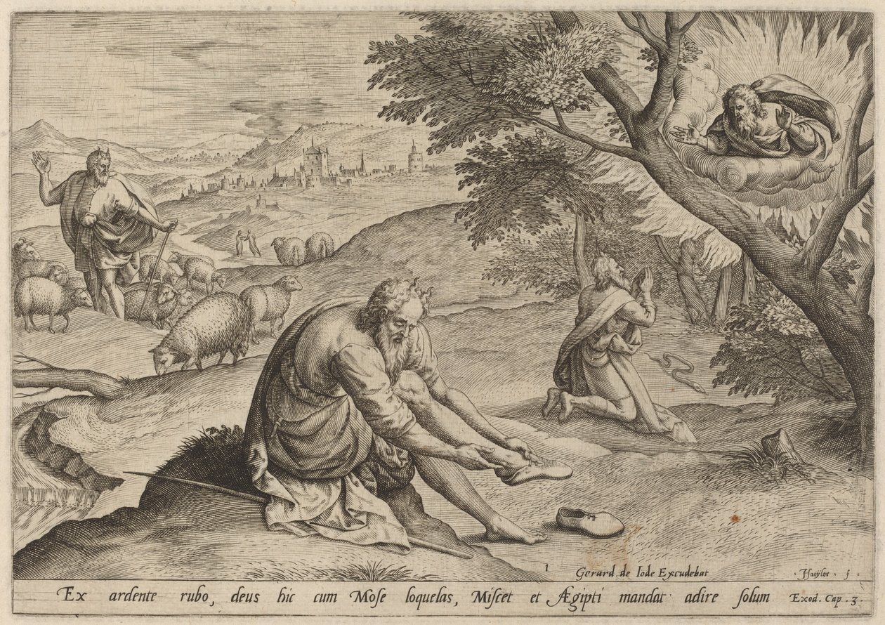 Bůh se zjevuje Mojžíšovi od Jan Sadeler I, after Maarten van Cleef
