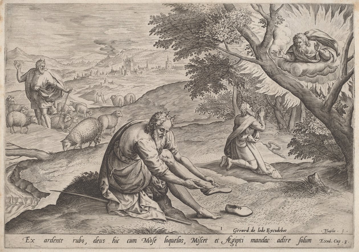 Bůh se zjevuje Mojžíšovi od Jan Sadeler I, after Maarten van Cleef