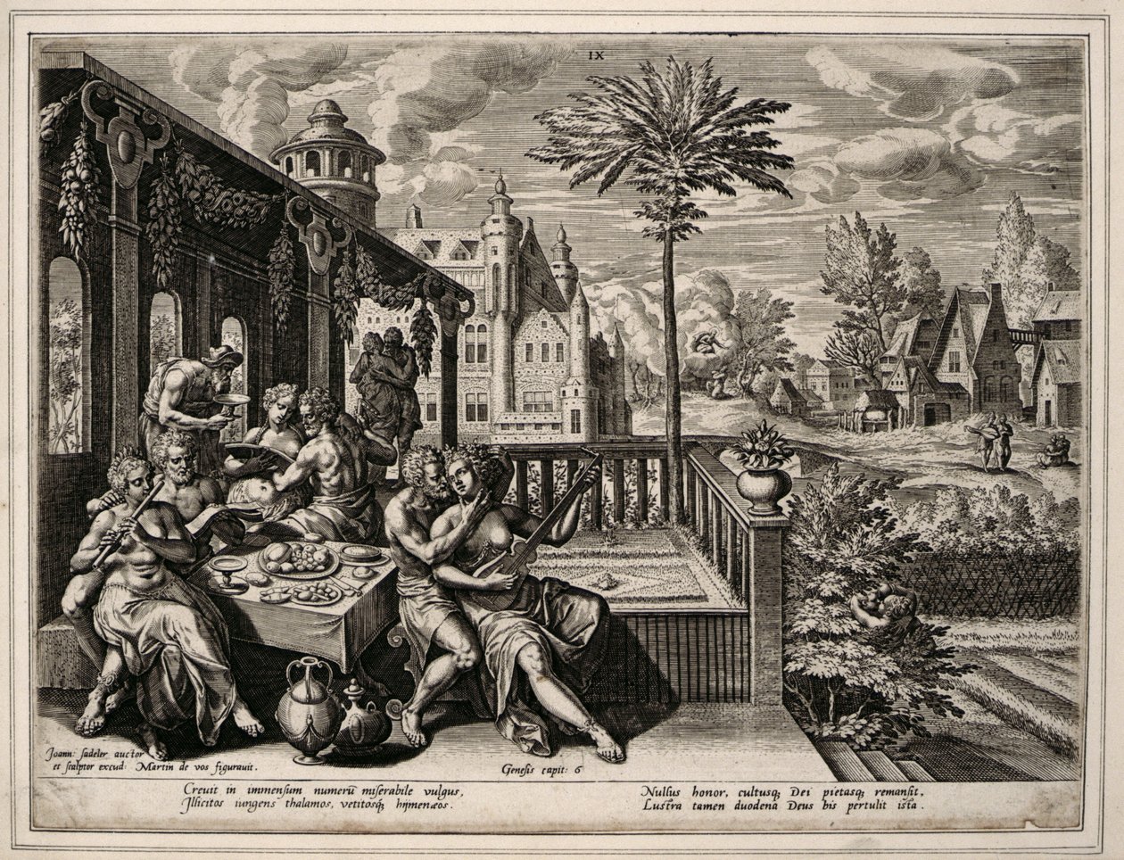 Genesis Chapter 6, verš 9, cca 1600 (rytina na tkaném papíře) od Jan Sadler
