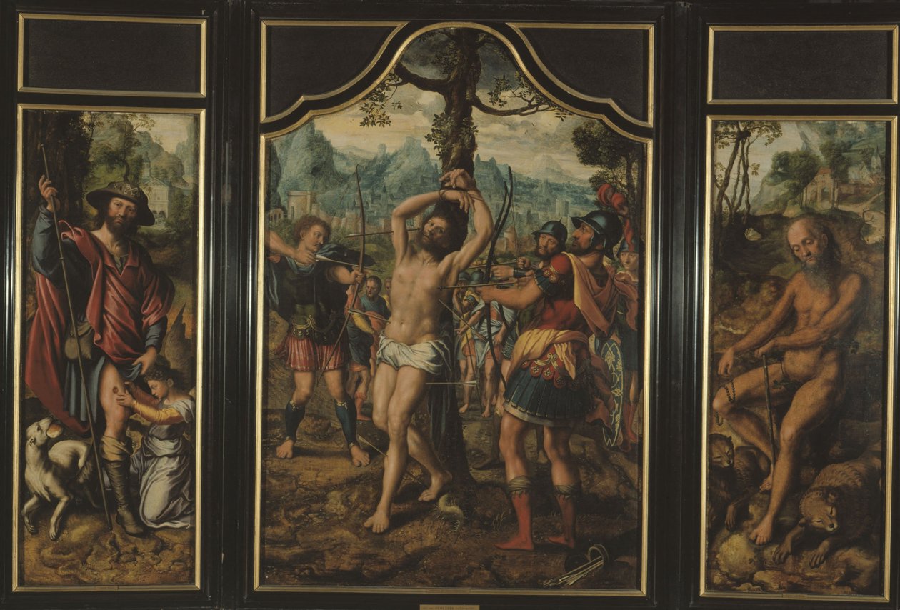 Triptych Umučení svatého Šebestiána (prostřední panel): Roch (levý panel), svatý Onufré (pravý panel), svatý Petr (rub pravého panelu), svatý Štěpán (rub levého panelu), mezi lety 1525 a 1566 (olej) od Jan Sanders van Hemessen