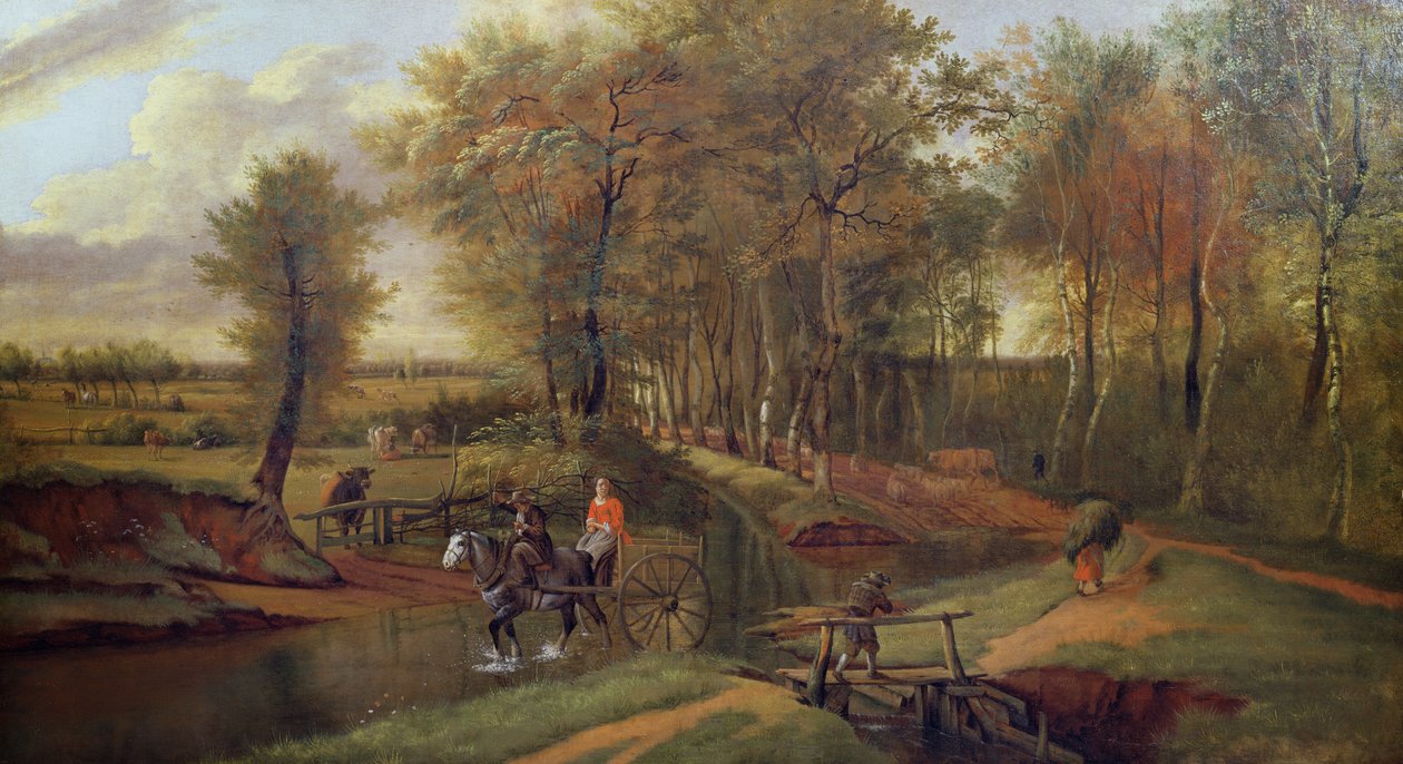 Zalesněná říční krajina s postavami, koněm a vozíkem, 1692 od Jan Siberechts