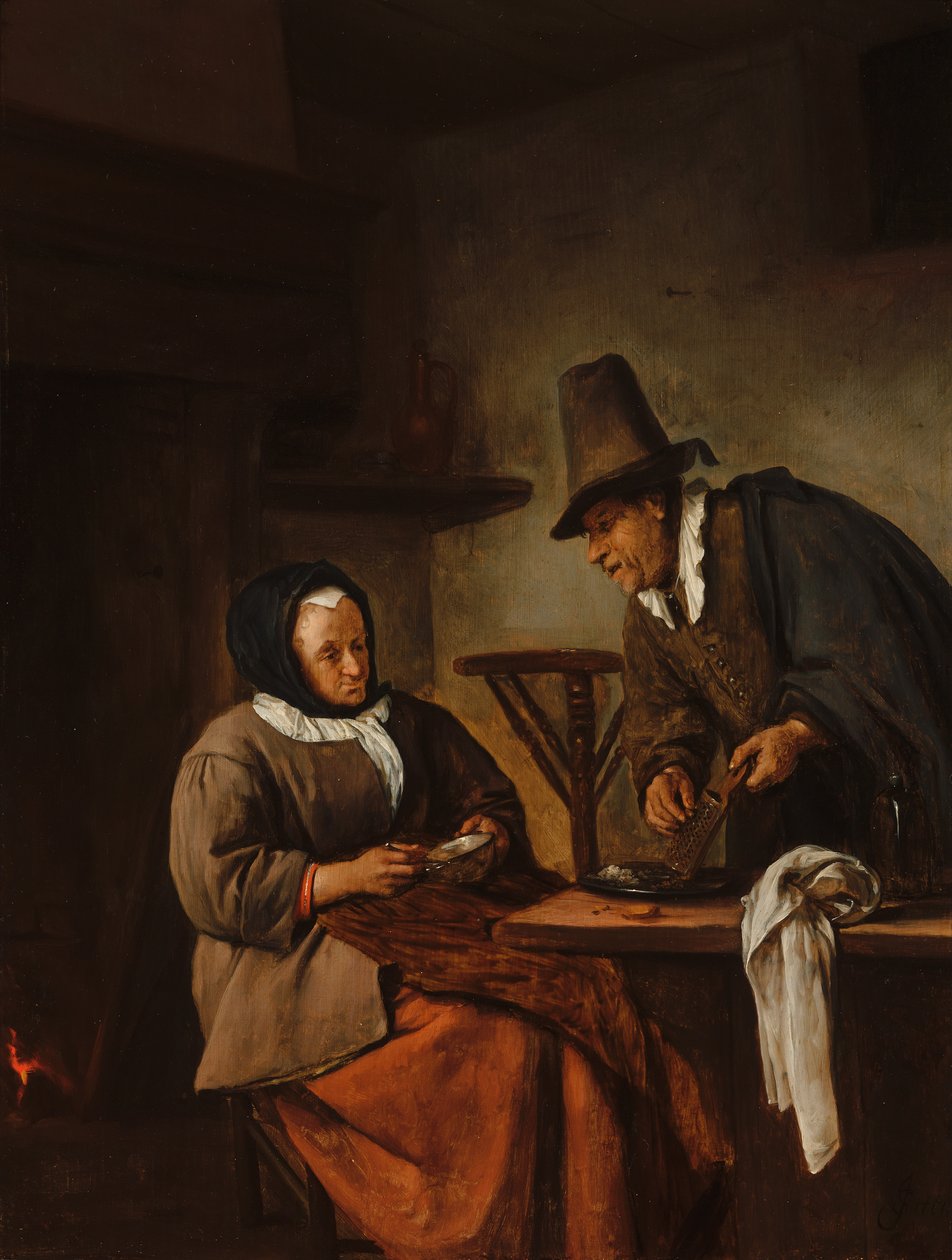 Starý pár připravující teplý nápoj od Jan Steen