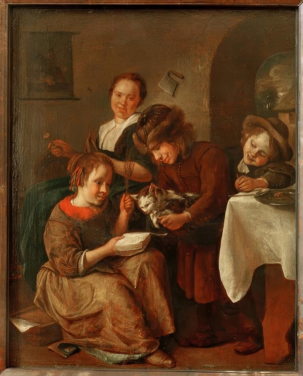 Děti učí kočku číst od Jan Havickszoon Steen