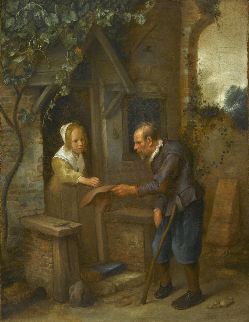 Mladá dívka dává almužnu starému muži od Jan Steen