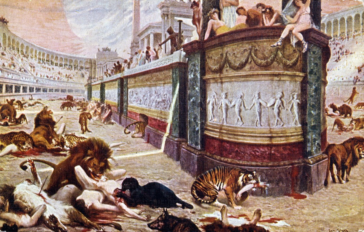 Pohlednice zobrazující krvavé hry v aréně v Římě, ilustrace z 
