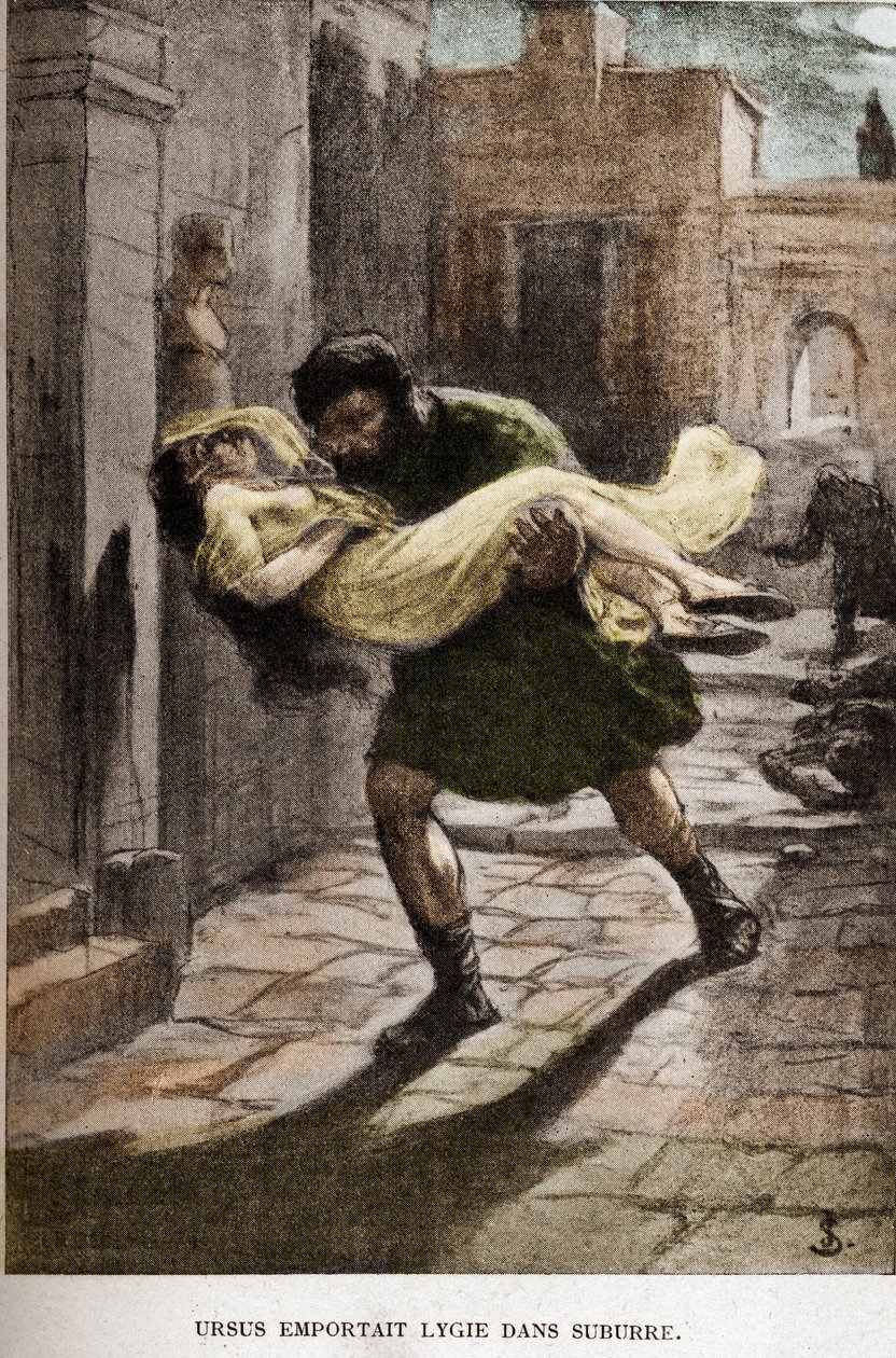 Ursus vzal Lygie in suburre (kapitola X) ilustraci JANA STYKY (1858-1925) pro román Henryka Sienkiewicze „Quo Vadis“. od Jan Styka