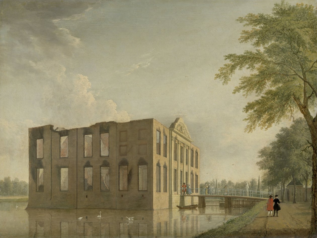 Hrad Berckenrode v Heemstede po požáru Hrad Berkenrode, Heemstede, po požáru 4.–5. května 1747: boční pohled od Jan Ten Compe