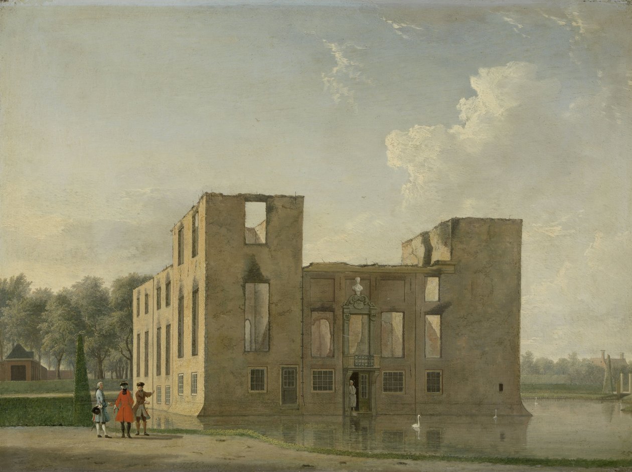 Zadní pohled na hrad Berckenrode v Heemstede po požáru Hrad Berkenrode, Heemstede, po požáru 4.–5. května 1747: Pohled zezadu od Jan Ten Compe