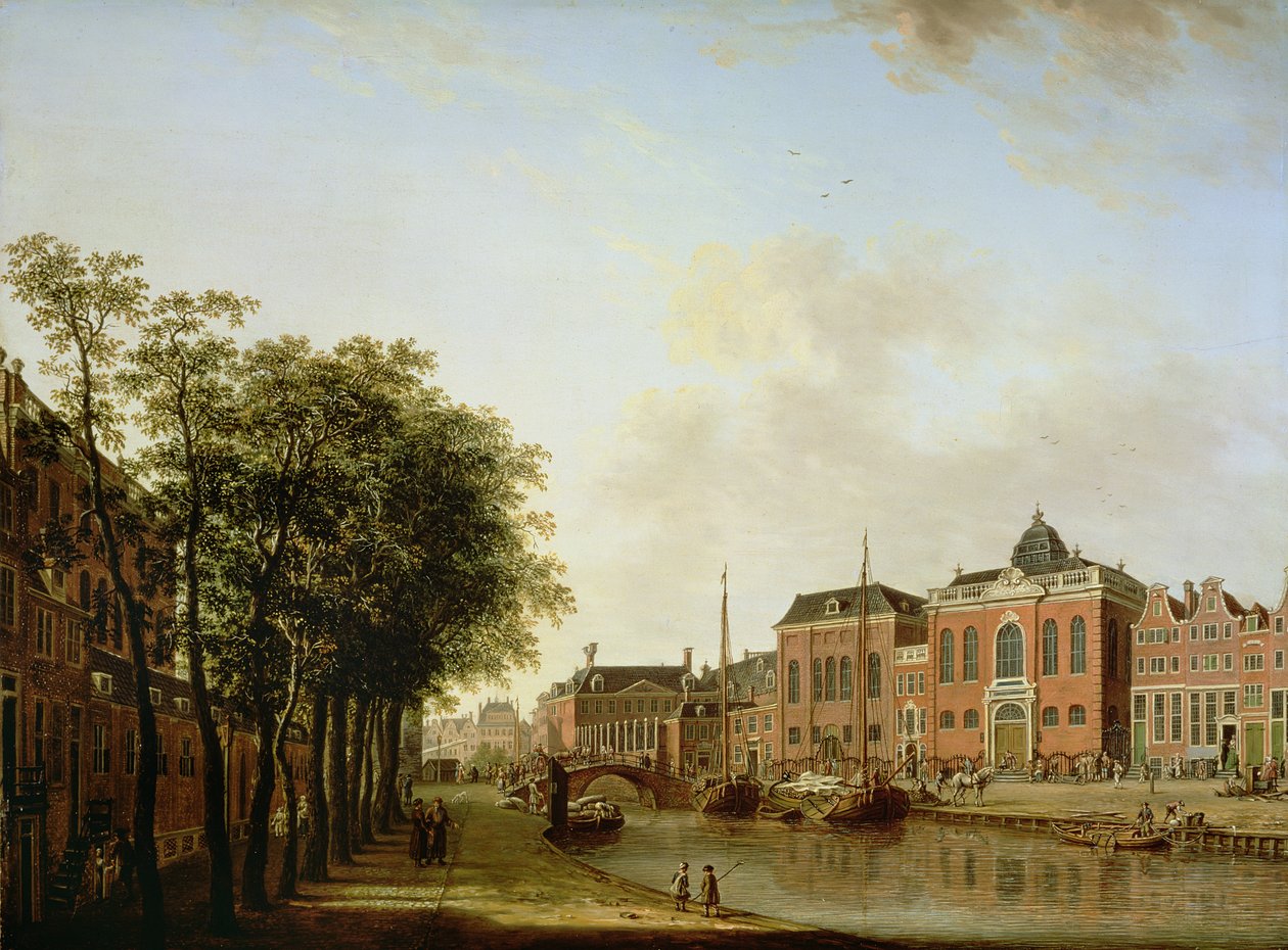 Houtegracht, nyní náměstí Jonas Daniel Meijerplein, Amsterdam, s aškenázskými synagogami, arzenálem, portugalskou synagogou a plachetními čluny od Jan Ten Compe