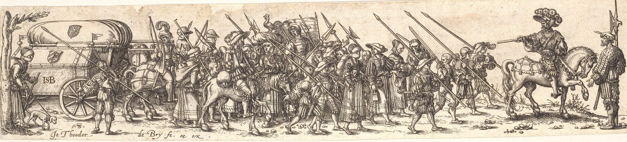 Víra vojáků, vpředu důstojník na koni od Jan Theodor de Bry