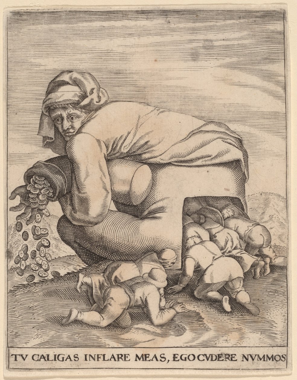 Muž s měšcem peněz a jeho pochlebovači od Jan Theodor de Bry after Pieter Bruegel the Elder