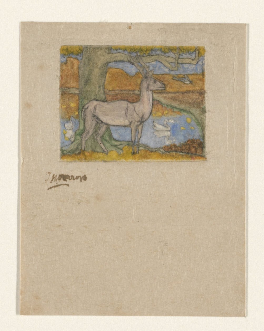 Jelen u stromu před rybníkem Jelen u stromu (původní název) od Jan Toorop (signed by artist)