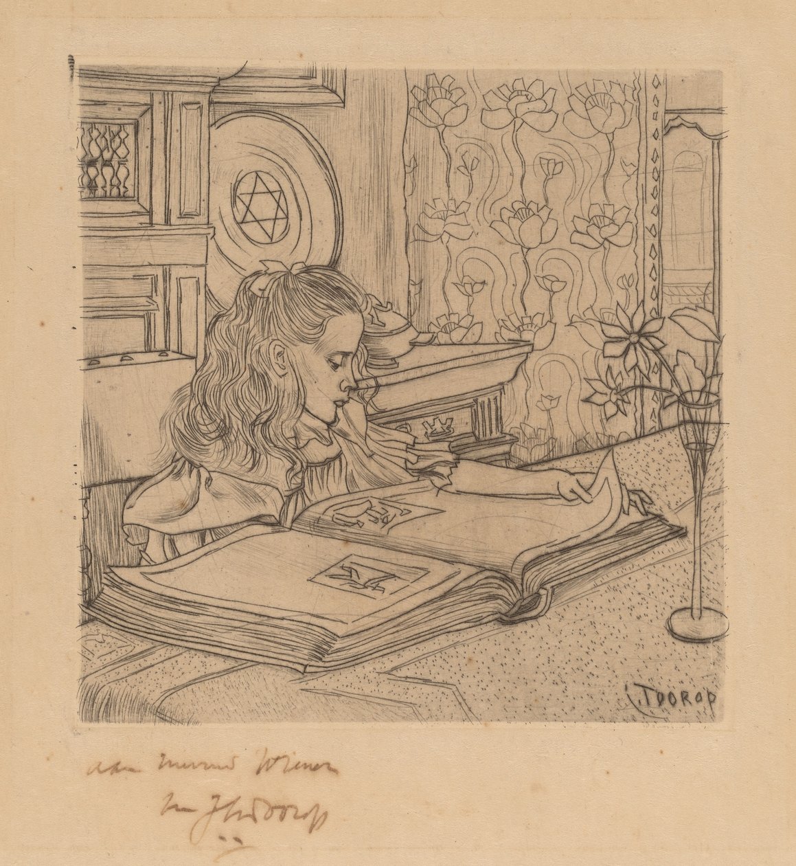 Charley se dívá na album tisků od Jan Toorop