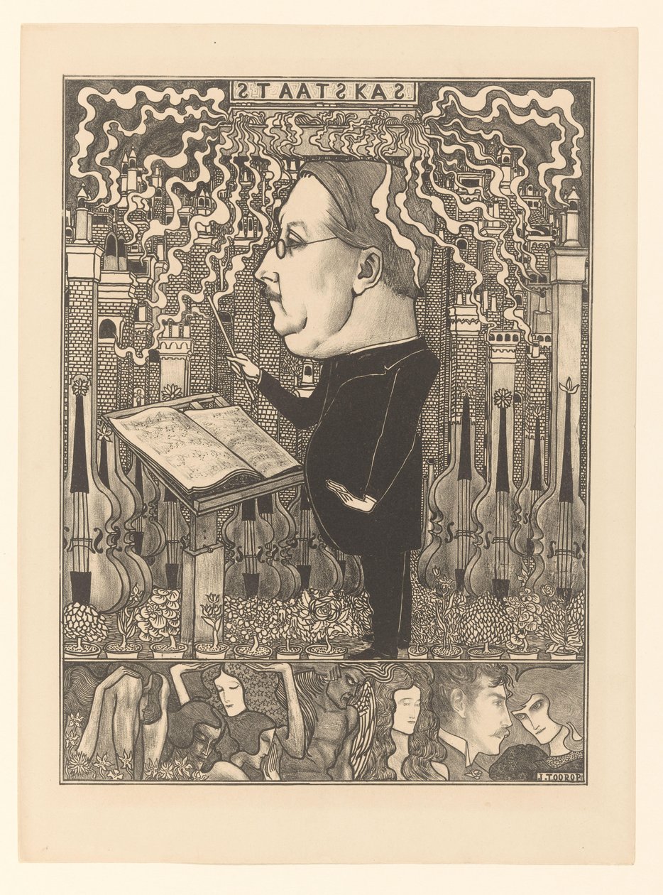 Dirigent s houslemi a kouřícími komíny za nimi Státní pokladna / The Hearth Cities (původní název) od Jan Toorop
