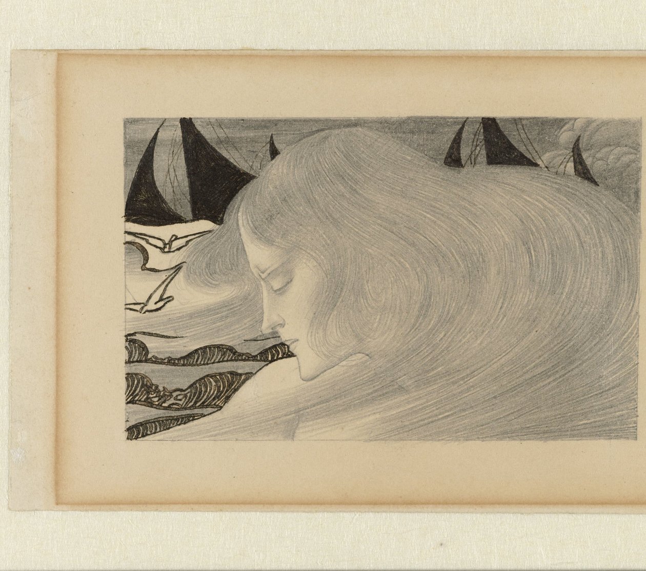 Mladá žena s vlnitými vlasy před mořem s loděmi od Jan Toorop