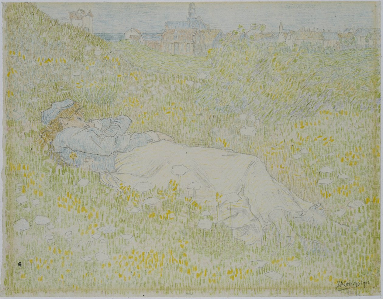 Žena ležící v dunách poblíž Noordwijku Dívka ležící v trávě se siluetou Noordwijku v pozadí od Jan Toorop