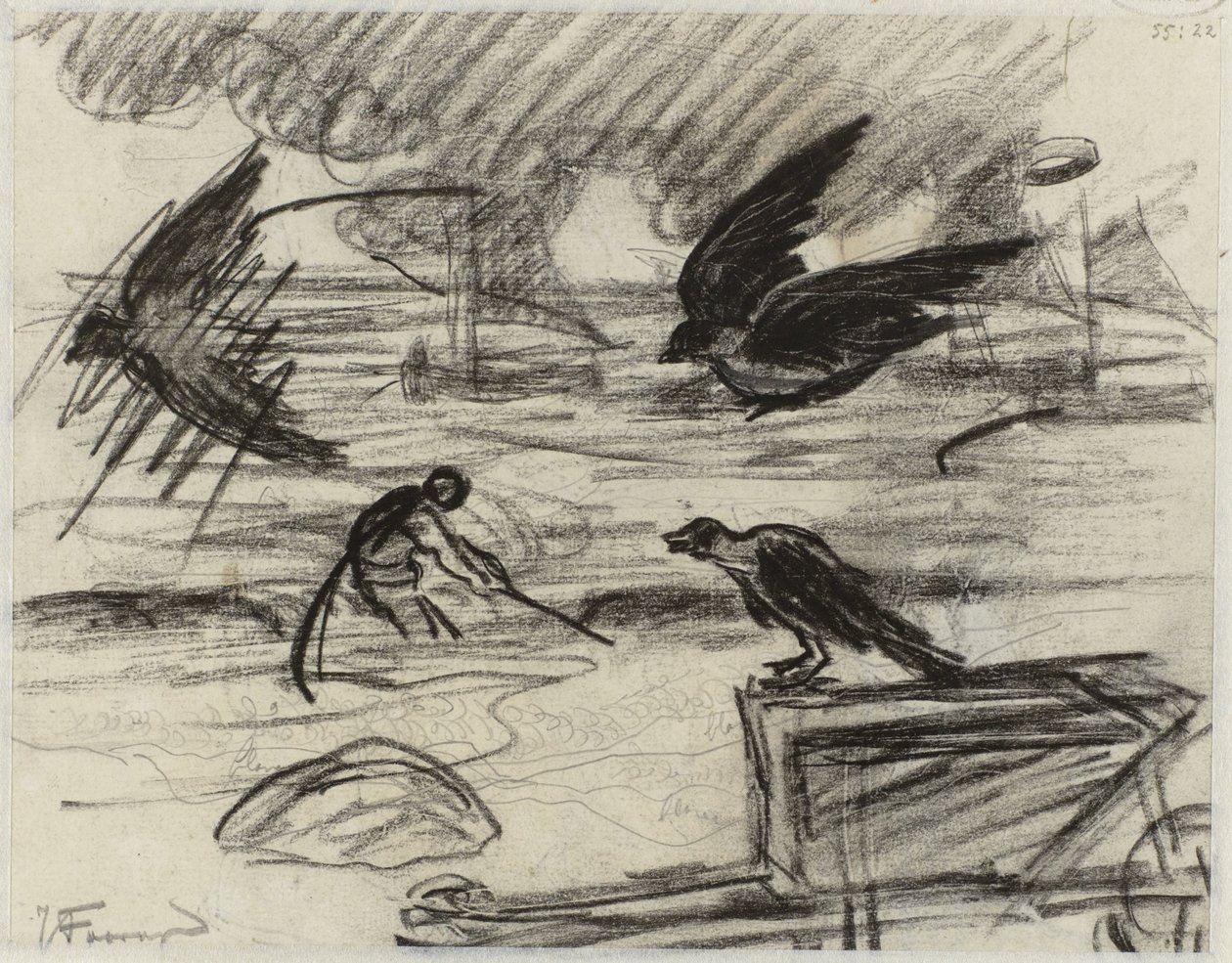 Přímořská krajina s rybářem, v popředí trakař s ptáky od Jan Toorop