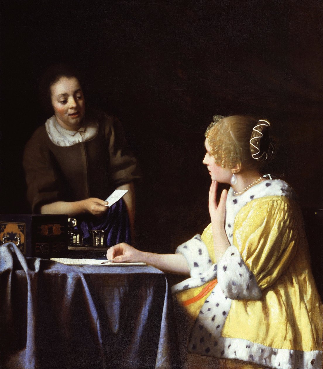 Dáma se svou služkou drží dopis od Jan Vermeer van Delft