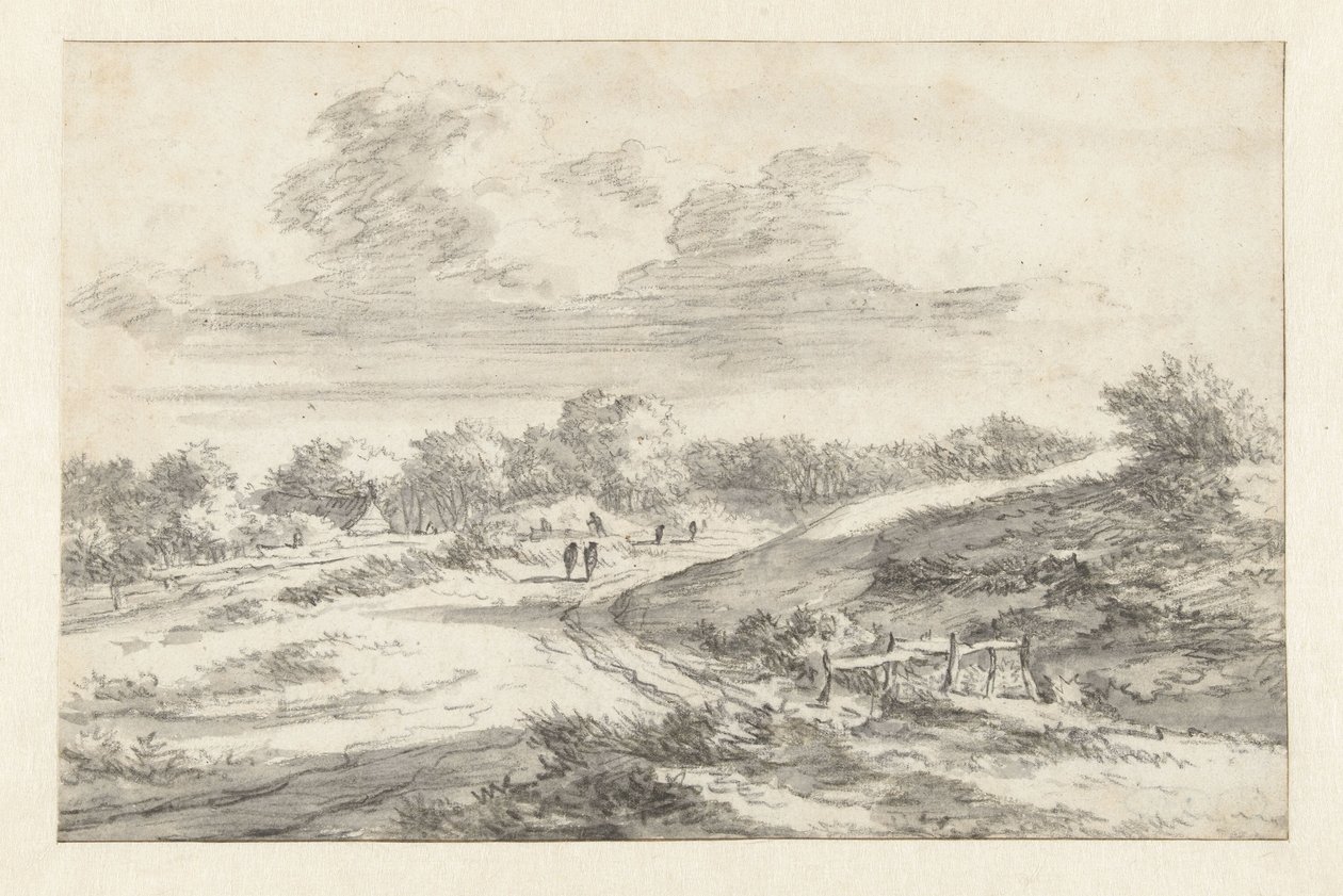 Dunová krajina s postavami podél silnice, s chatou v dálce od Jan Vermeer van Haarlem (I) (attributed to)