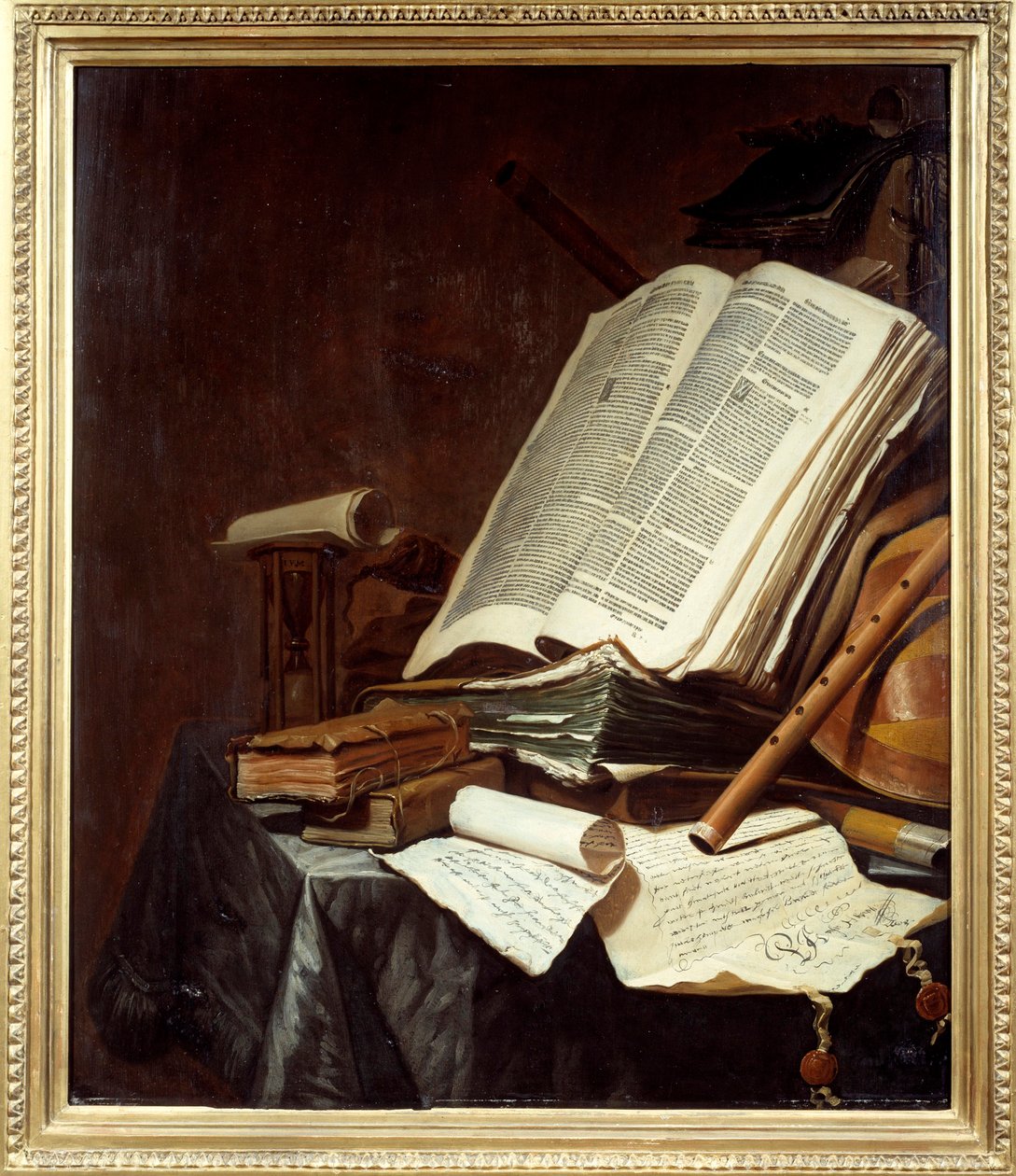 Knihy a hudební nástroje Malba Jana Vermeulena (1638-1674) 17. století ne. 0,78x0,69 m Nantes, musee des Beaux Arts od Jan Vermeulen