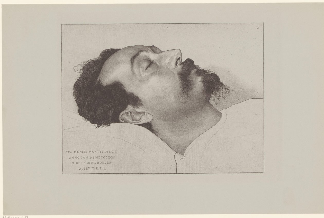 Nicolaas de Roever op zijn doodsbed Tak 12. března roku 18903 Nicholas de Roever odpočíval R.I.P. (název na objektu) od Jan Veth