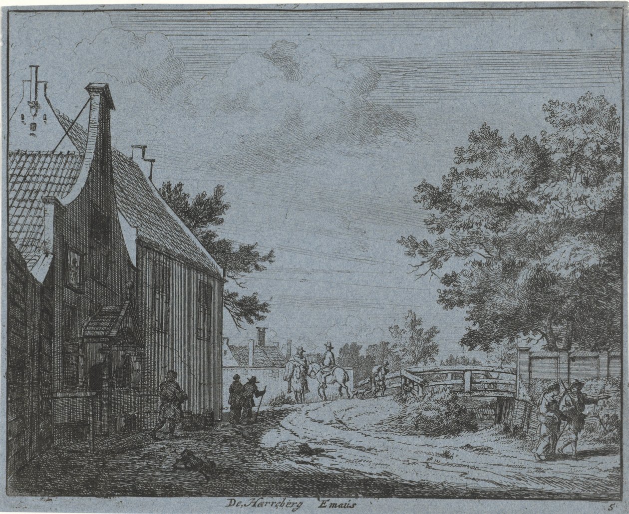 Pohled na hostinec Emaus Harreberg Emaus (název na objektu) Krajiny oblasti Haarlem (název série) Gesigten mimo Haarlem, hotovo. J.V.V. (název série na objektu) od Jan Vincentsz. van der Vinne